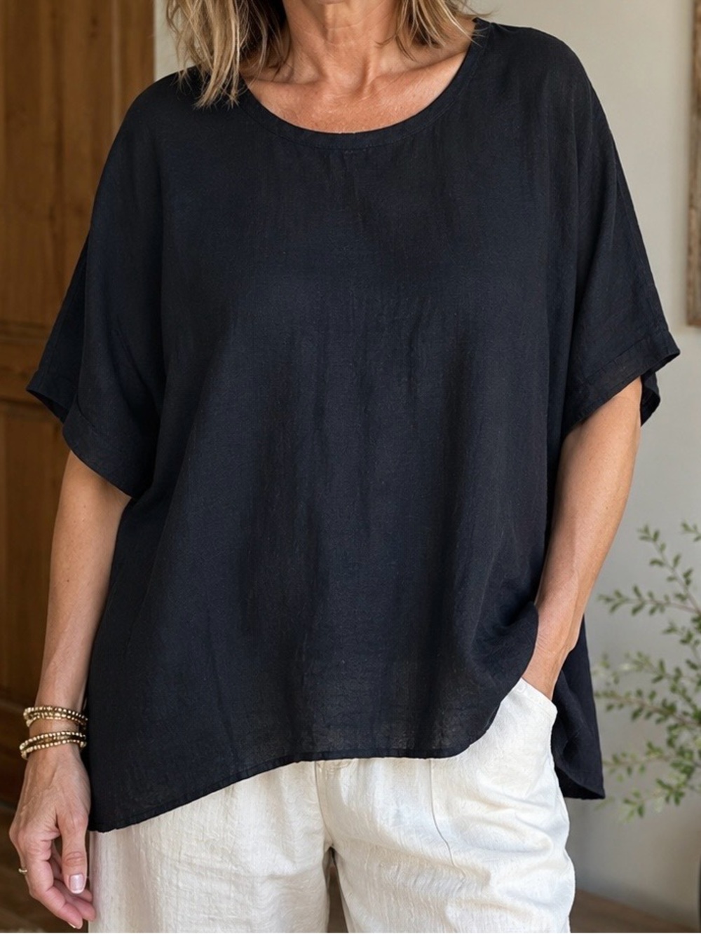 FLAX brand Women’s Oversize Linen Casual Black Short-Sleeve Shirt